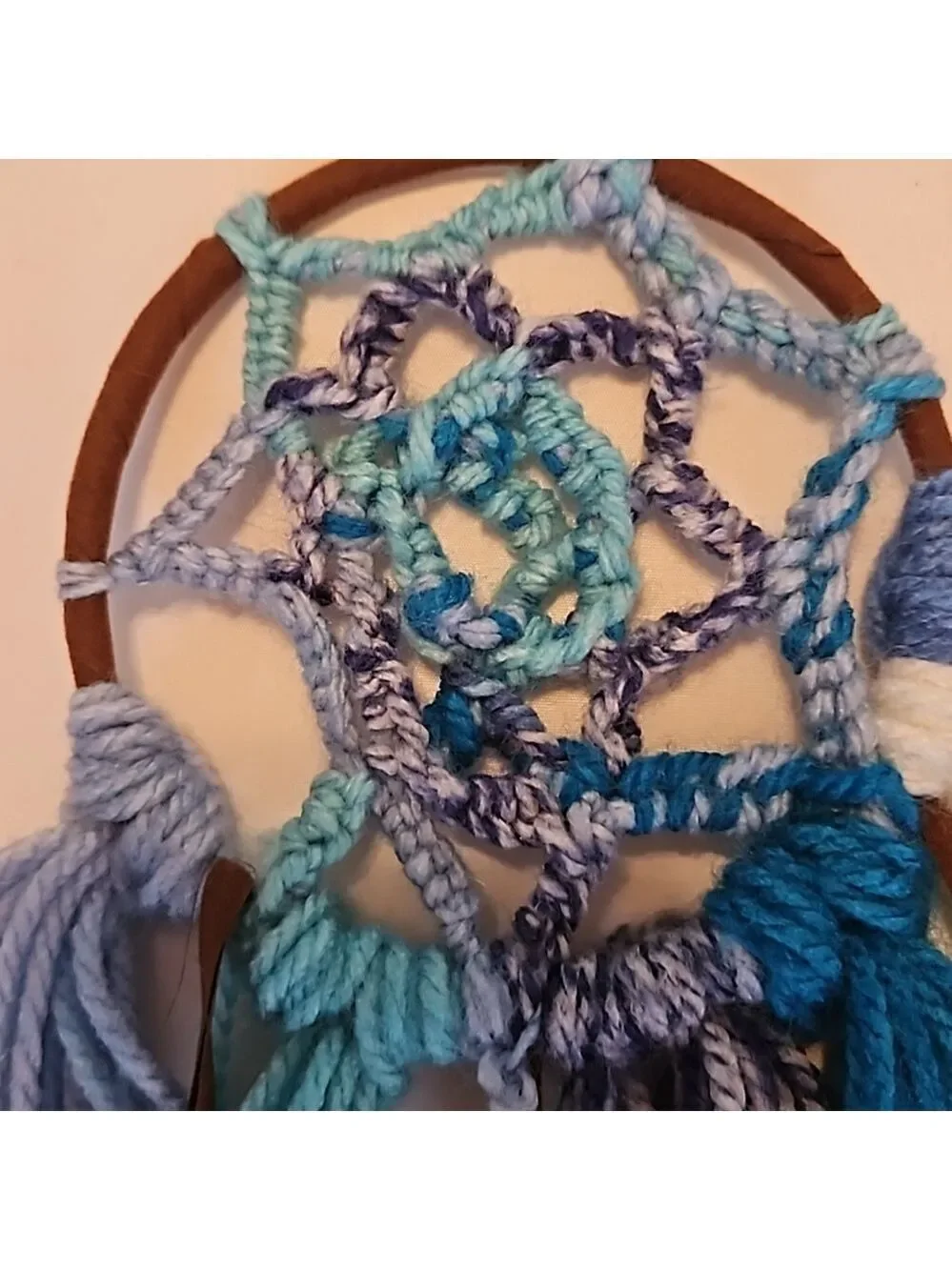 Hand Knit Crochet Dreamcatcher Brown Blue Yarn Feathers